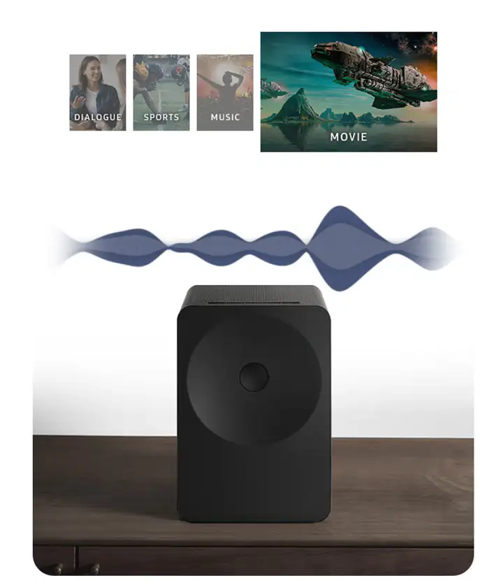 2026-hw-ls70h-ai-adaptive-sound-mo 720x830 Na obrazie widoczny jest czarny głośnik ustawiony na drewnianej powierzchni, nad którym unoszą się fale dźwiękowe. W tle znajdują się cztery obrazy z napisami: \'DIALOGUE\', \'SPORTS\', \'MUSIC\', \'MOVIE\'.