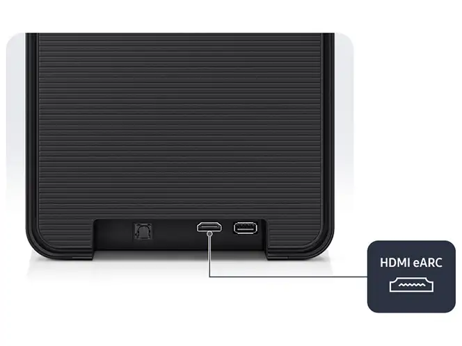 2026-hw-ls70h-hdmi-earc 664x498 Czarny panel z dwoma portami, z których jeden jest oznaczony jako HDMI eARC. Obok znajduje się mały przycisk i dodatkowy port.