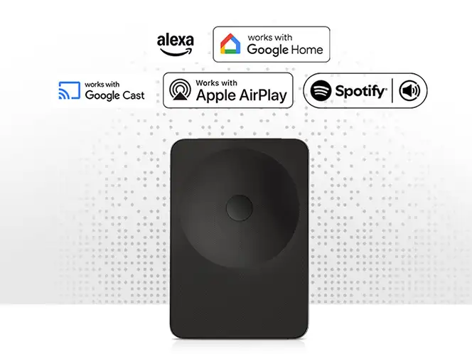 2026-hw-ls70h-voice-assistant-music-streaming-a-mo 664x498 Czarny głośnik z okrągłym wzorem na przedniej części. Nad nim znajdują się logotypy: Alexa, Google Home, Google Cast, Apple AirPlay, Spotify.