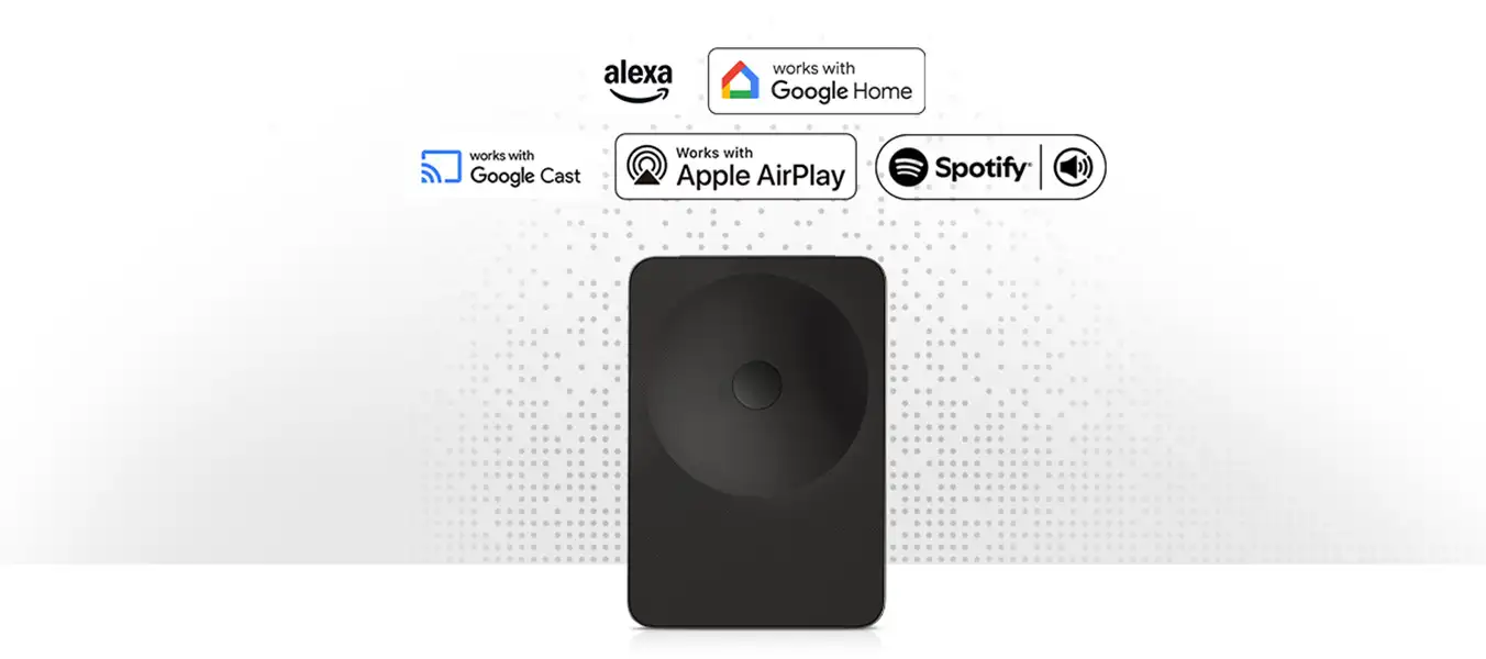 2026-hw-ls70h-voice-assistant-music-streaming-a-pc 1352x600 Na obrazie widoczny jest czarny głośnik o prostokątnym kształcie z centralnym elementem. Wokół głośnika znajdują się logotypy: Alexa, works with Google Home, works with Google Cast, Works with Apple AirPlay, Spotify.