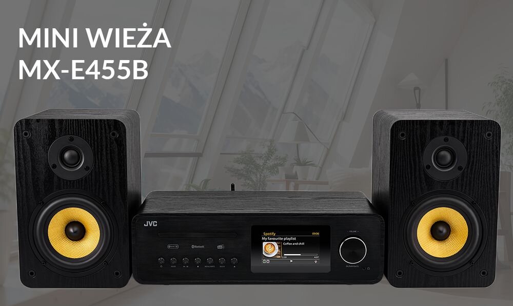 Wieża JVC MX-E455B zestaw stereo 2 x 50 W RMS domowy system audio, wieża od frontu na szarym tle