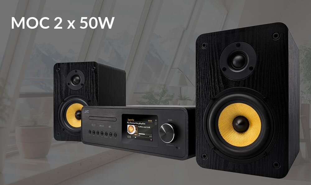 Wieża JVC MX-E455B moc 2 x 50 W RMS dwa głośniki kompaktowa konstrukcja, wieża po skosie na szarym tle