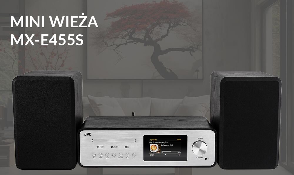 Wieża JVC MX-E455S zestaw stereo 2 x 50 W RMS domowy system audio, wieża od frontu na szarym tle