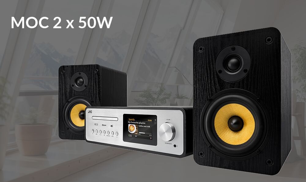 Wieża JVC MX-E455S moc 2 x 50 W RMS dwa głośniki kompaktowa konstrukcja, wieża po skosie na szarym tle