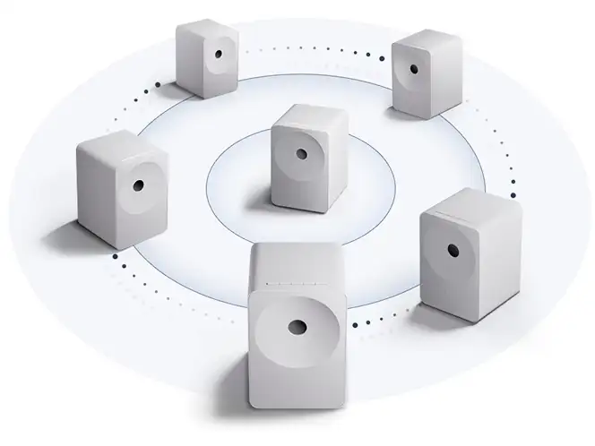 2026-hw-ls71h-group-play 664x498 Na obrazie widoczne jest sześć białych głośników ustawionych w okręgu na białym tle z zaznaczonymi koncentrycznymi okręgami i kropkami. Głośniki mają prostokątny kształt z okrągłym otworem na przedniej części.