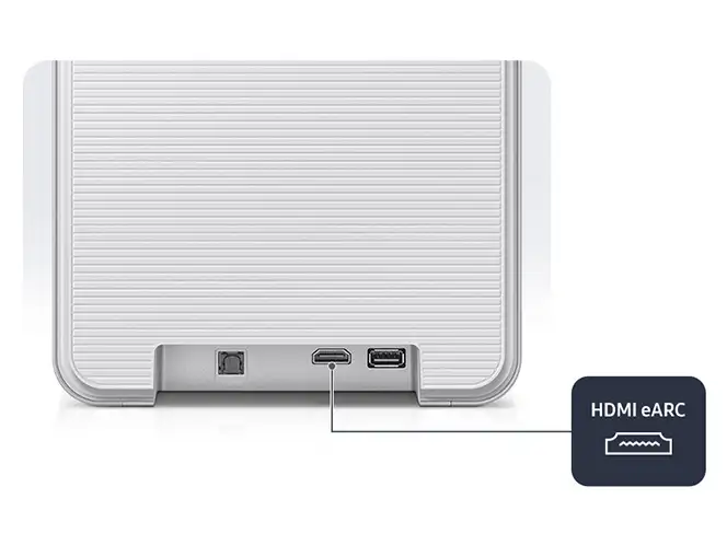 2026-hw-ls71h-hdmi-earc 664x498 Tył białego urządzenia z widocznymi portami: optycznym, HDMI i USB. Obok znajduje się ikona z napisem \'HDMI eARC\'.
