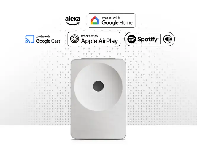 2026-hw-ls71h-voice-assistant-music-streaming-a-mo 664x498 Na obrazie widoczny jest biały głośnik o prostokątnym kształcie z okrągłym elementem na środku. Nad głośnikiem znajdują się logotypy: alexa, works with Google Home, works with Google Cast, Works with Apple AirPlay, Spotify.