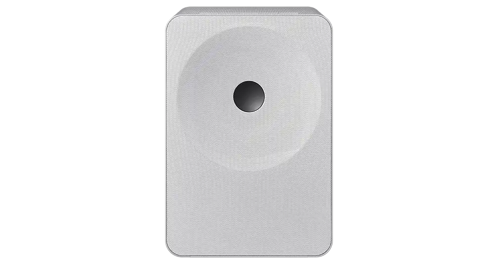 hw-ls71h 001 front white 1008x534 Biały głośnik z centralnym, okrągłym elementem na przedniej części obudowy, o prostokątnym kształcie z zaokrąglonymi rogami.