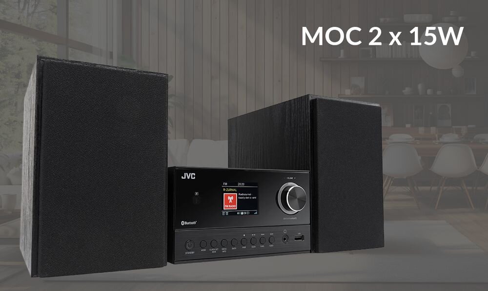 Czarna wieża JVC z dwoma głośnikami, kolorowym wyświetlaczem LCD i pokrętłem. Widoczny tekst: \'MOC 2 x 15W\'.