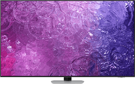 Telewizor z cienką ramką, wyświetlający abstrakcyjny wzór w odcieniach fioletu i różu.