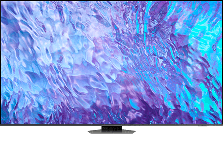Telewizor z dużym ekranem wyświetlający abstrakcyjny, kolorowy wzór w odcieniach niebieskiego i fioletowego. Pod ekranem widoczna jest prostokątna podstawa.
