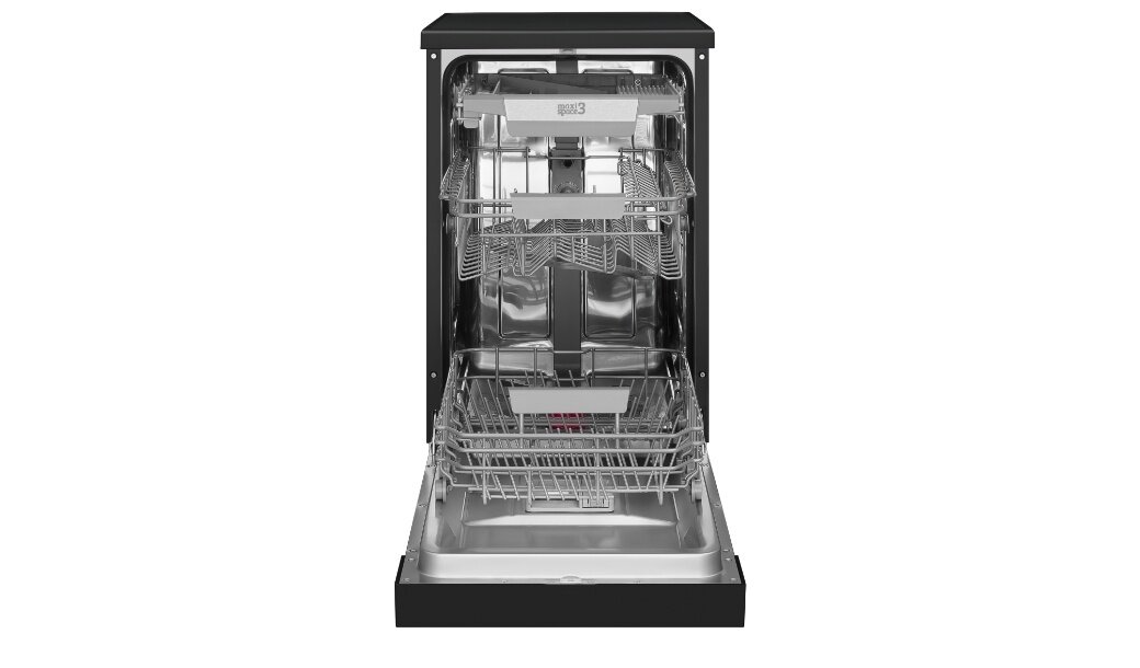 Otwarta zmywarka z widocznymi trzema poziomami koszy na naczynia. Wnętrze wykonane ze stali nierdzewnej, bez widocznych naczyń.