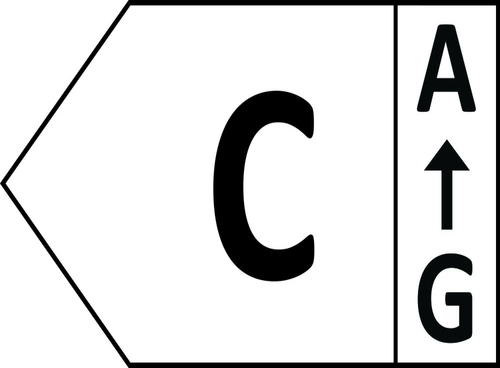 Etykieta energetyczna z dużą literą \'C\' po lewej stronie oraz pionowym wskaźnikiem z literami \'A\' na górze i \'G\' na dole, z strzałką wskazującą w górę.