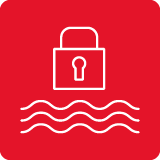 Czerwona ikona z białym symbolem kłódki nad falami, sugerująca zabezpieczenie przed wodą.