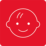 Ikona przedstawia uśmiechniętą twarz dziecka na czerwonym tle.