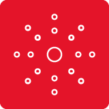 Czerwony kwadrat z białym symbolem przypominającym kropki ułożone w okrąg wokół centralnej kropki.