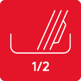 Czerwona ikona z białym symbolem talerza i sztućców oraz napisem \'1/2\' poniżej.