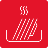 Czerwona ikona z białym symbolem talerzy i trzema falami nad nimi, sugerującymi parę.