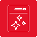 Ikona przedstawia zmywarkę z trzema błyszczącymi gwiazdkami na czerwonym tle.