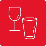 Ikona przedstawia biały kontur kieliszka do wina i szklanki na czerwonym tle.