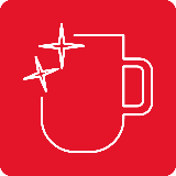 Czerwona ikona przedstawiająca kontur kubka z dwoma błyszczącymi gwiazdkami.