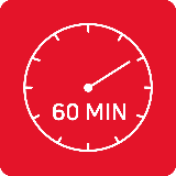 Czerwona ikona z białym symbolem zegara i napisem \'60 MIN\'.