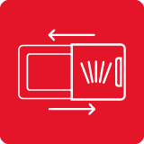 Czerwona ikona z białym symbolem przedstawiającym otwieranie szuflady z dwoma strzałkami wskazującymi kierunki przeciwnych ruchów.