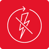 Czerwony kwadrat z białym symbolem błyskawicy przekreślonym linią, otoczony okręgiem z małą strzałką na górze.