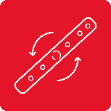 Czerwony kwadrat z białą ikoną przedstawiającą prostokątny element z otworami i strzałkami wskazującymi ruch obrotowy.