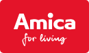 Logo Amica na czerwonym tle z białym napisem \'Amica for living\'.