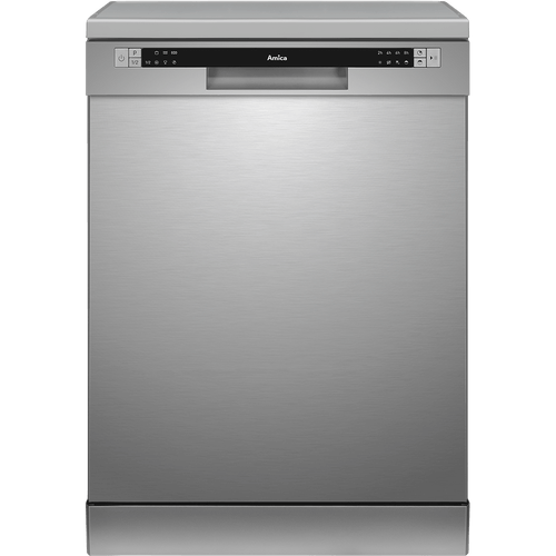 Zmywarka w kolorze srebrnym z panelem sterowania na górnej krawędzi drzwi. Na panelu widoczne jest logo \'Amica\' oraz przyciski sterujące.