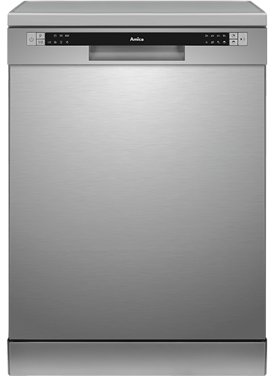 Zmywarka w kolorze srebrnym z panelem sterowania na górze, na którym widoczne jest logo Amica oraz przyciski funkcyjne.
