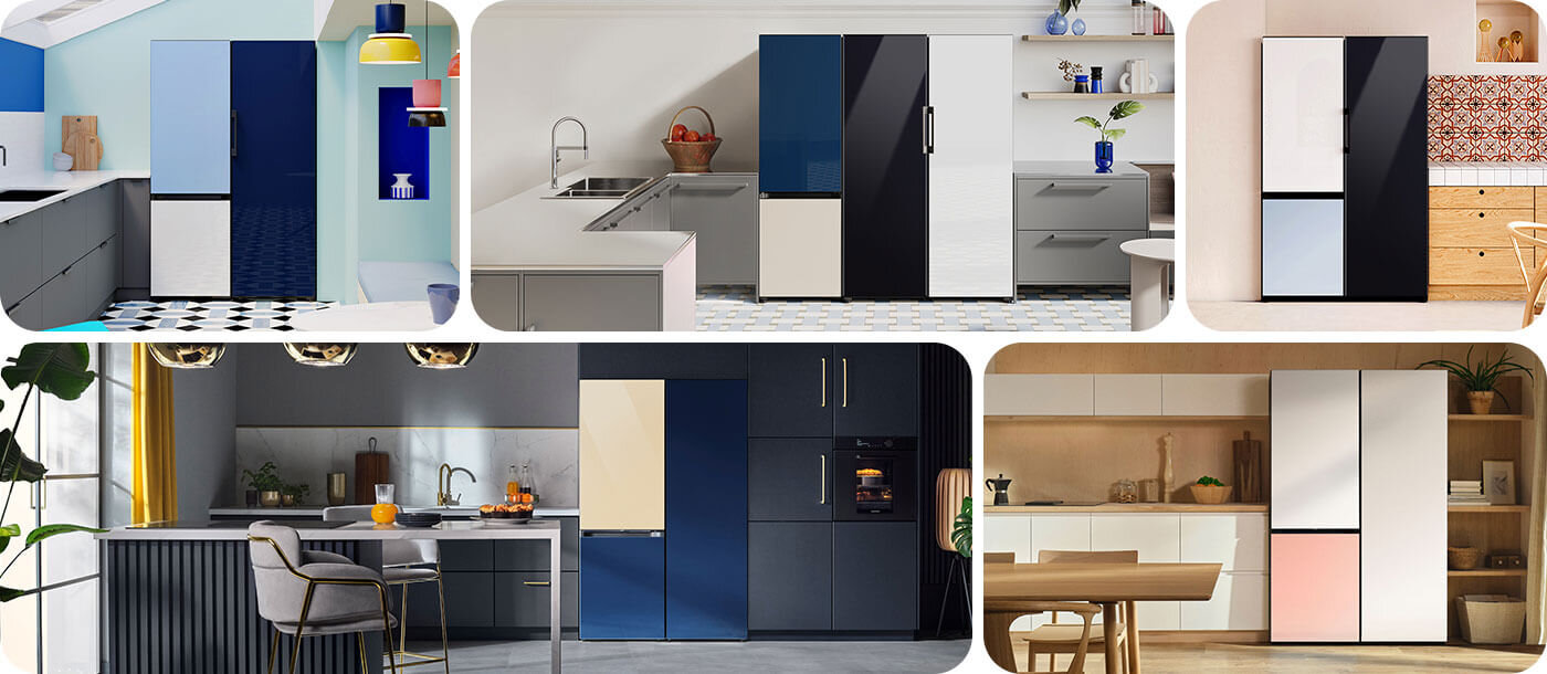 Na obrazie widoczne są różne aranżacje kuchni z lodówkami o nowoczesnym designie, w różnych kolorach i wykończeniach. Każda kuchnia ma inne elementy dekoracyjne i wyposażenie, takie jak zlewy, krzesła i półki.