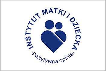 Logo przedstawia niebieski symbol serca z dwiema kropkami na górze, otoczony tekstem \'INSTYTUT MATKI I DZIECKA - pozytywna opinia\'.