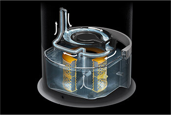 Przekrój urządzenia pokazujący wewnętrzny mechanizm z dwoma cylindrycznymi filtrami i strzałkami wskazującymi kierunek przepływu powietrza.