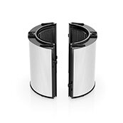 Obraz przedstawia dwa półokrągłe filtry w kolorze srebrnym z czarnymi elementami na górze i dole. Filtry są ustawione naprzeciw siebie, tworząc otwartą przestrzeń pośrodku.