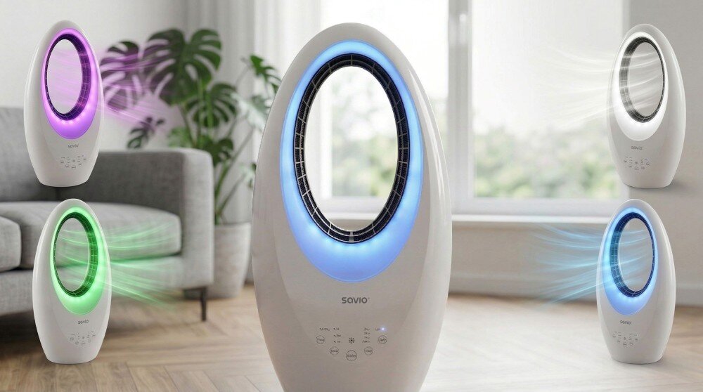 Wentylator SAVIO AD-03 Stanowisko gracza z podświetlaną klawiaturą, myszą i słuchawkami widziane z góry