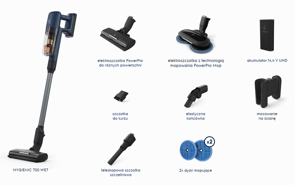 Na obrazie znajduje się odkurzacz pionowy z różnymi akcesoriami, w tym elektroszczotką PowerPro, szczotką do kurzu, teleskopową szczotką szczelinową, elastyczną końcówką, akumulatorem 14,4 V UHD, mocowaniem na ścianę oraz dwoma dyskami mopującymi. Widoczny jest również tekst \'HYGIENIC 700 WET\'.