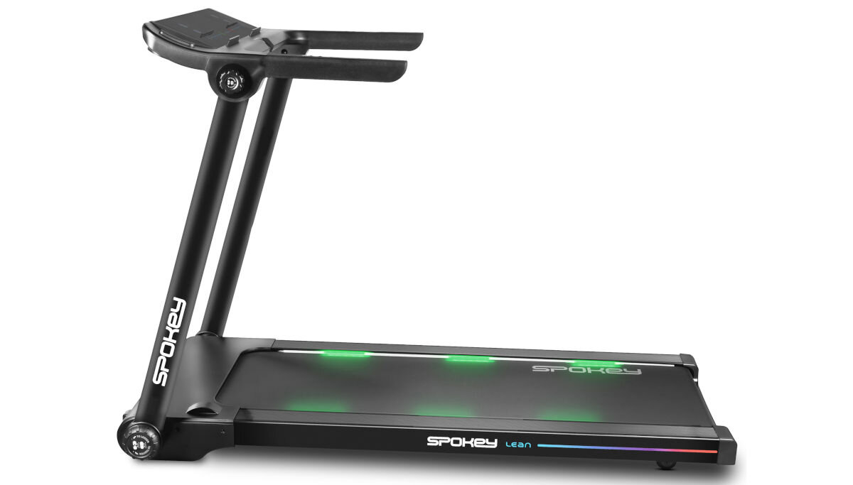Na obrazie widoczna jest bieżnia elektryczna z czarną ramą i zielonymi elementami na pasie biegowym. Na ramie i podstawie znajduje się logo \'SPOKEY Lean\'.