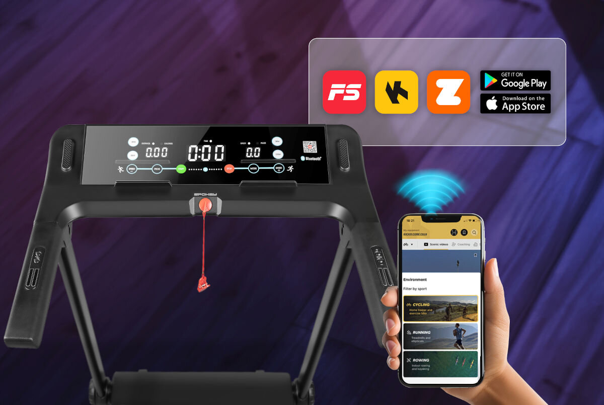 Panel sterowania bieżni elektrycznej z wyświetlaczem pokazującym 0:00 oraz ikonami Bluetooth i aplikacji. Obok widoczny jest smartfon z aplikacją oraz ikony aplikacji FS, K, Z, Google Play i App Store.