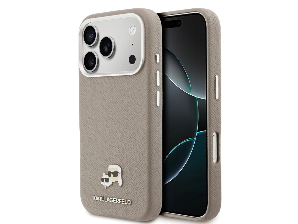 Etui KARL LAGERFELD Karl & Choupette Head Pins Saffiano MagSafe do Apple iPhone 17 Pro Max w kolorze szarym, karl lagerfeld etui saffiano magsafe choupette iphone metal pin, Widok pod kątem na etui założone na telefon z widocznym ekranem.