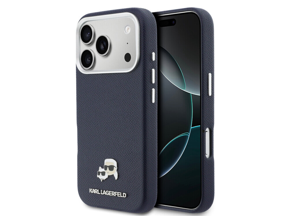 Etui KARL LAGERFELD Karl & Choupette Head Pins Saffiano MagSafe do Apple iPhone 17 Pro Max w kolorze niebieskim, karl lagerfeld etui saffiano magsafe choupette iphone metal pin, Widok pod kątem na etui założone na telefon z widocznym ekranem.