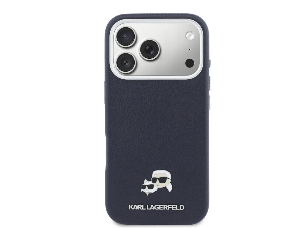 Etui KARL LAGERFELD Karl & Choupette Head Pins Saffiano MagSafe do Apple iPhone 17 Pro Max w kolorze niebieskim, karl lagerfeld saffiano etui metal pin choupette iphone premium detale, Tył etui na smartfona z wycięciem na aparat i małą, ozdobną aplikacją.
