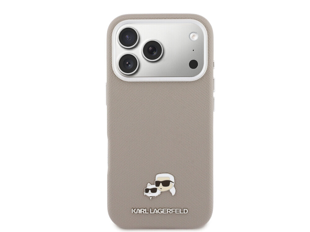 Etui KARL LAGERFELD Karl & Choupette Head Pins Saffiano MagSafe do Apple iPhone 17 Pro w kolorze szarym, karl lagerfeld saffiano etui metal pin choupette iphone premium detale, Tył etui na smartfona z wycięciem na aparat i małą, ozdobną aplikacją.