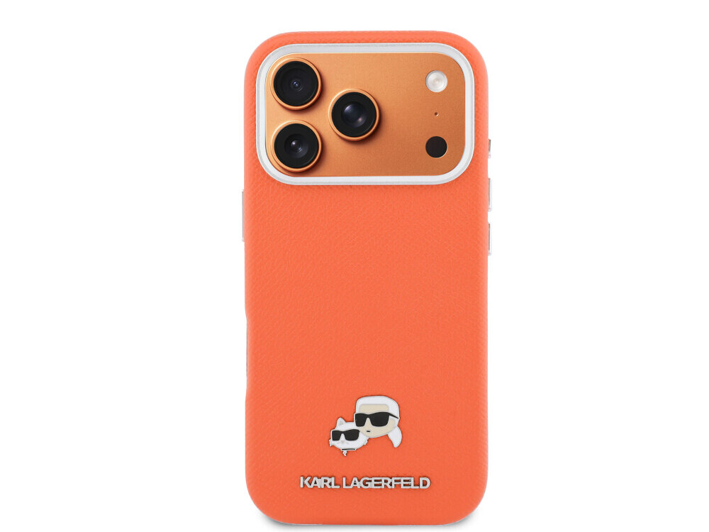 Etui KARL LAGERFELD Karl & Choupette Head Pins Saffiano MagSafe do Apple iPhone 17 Pro w kolorze pomarańczowym, karl lagerfeld saffiano etui metal pin choupette iphone premium detale, Tył etui na smartfona z wycięciem na aparat i małą, ozdobną aplikacją.