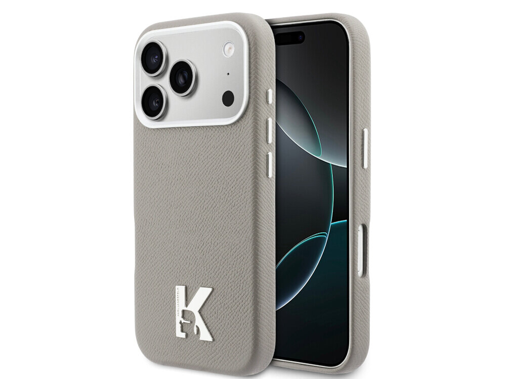 Etui KARL LAGERFELD Karl Head Logo MagSafe do Apple iPhone 17 Pro w kolorze szarym, karl lagerfeld etui saffiano magsafe choupette iphone metal pin, Etui na telefon ukazane pod kątem obok smartfona.