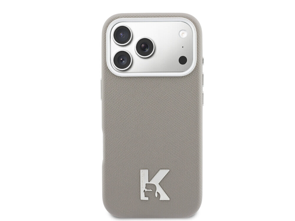 Etui KARL LAGERFELD Karl Head Logo MagSafe do Apple iPhone 17 Pro w kolorze szarym, karl lagerfeld saffiano etui metal pin choupette iphone premium detale, Tył etui na telefon o ziarnistej fakturze z metalowym elementem ozdobnym