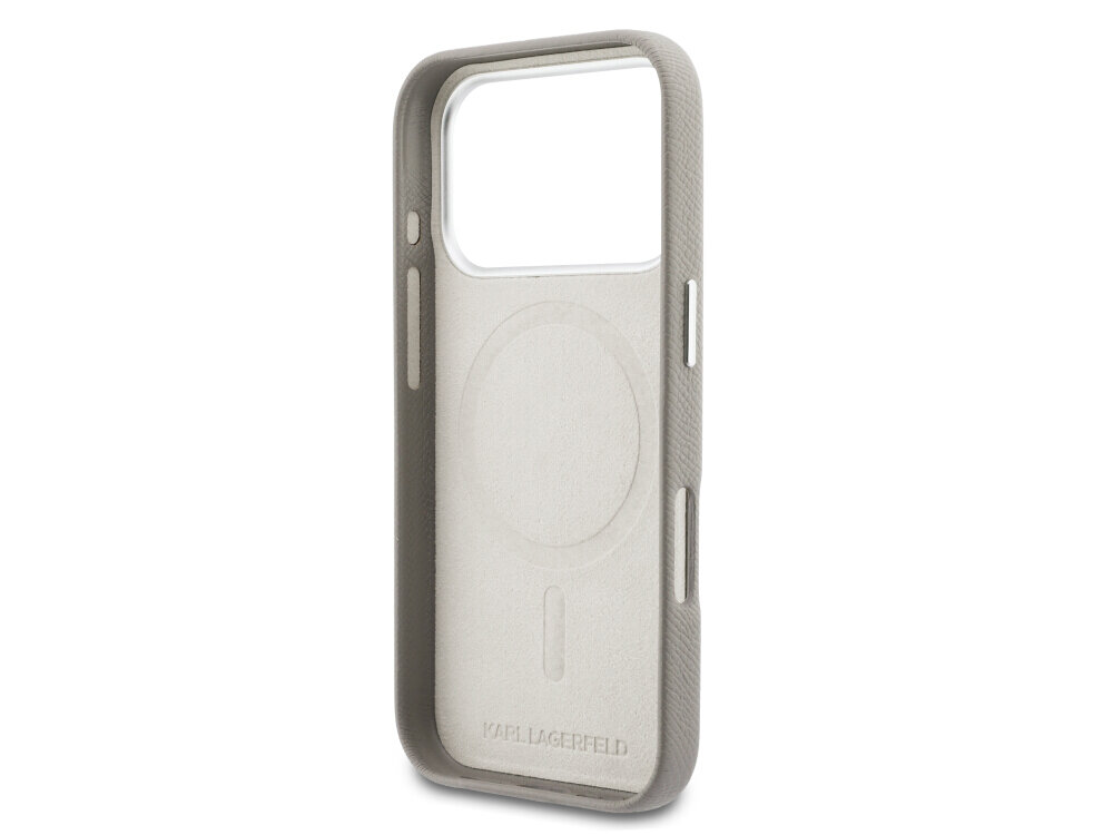 Etui KARL LAGERFELD Karl Head Logo MagSafe do Apple iPhone 17 Pro w kolorze szarym, magsafe karl lagerfeld etui ochrona iphone magnetyczne ladowanie, Wnętrze etui na telefon z zaznaczonym miejscem na pierścień magnetyczny.