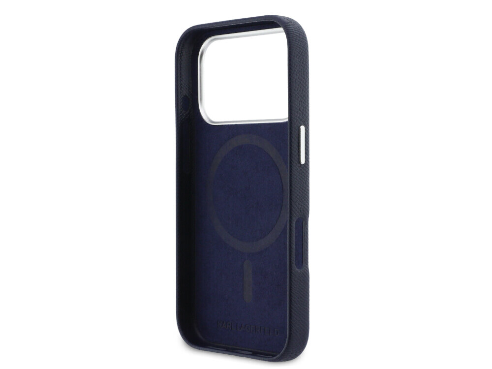 Etui KARL LAGERFELD Karl & Choupette Head Pins Saffiano MagSafe do Apple iPhone 17 Pro w kolorze niebieskim, magsafe karl lagerfeld etui ochrona iphone magnetyczne ladowanie, Wnętrze etui na telefon z pierścieniem do ładowania bezprzewodowego.