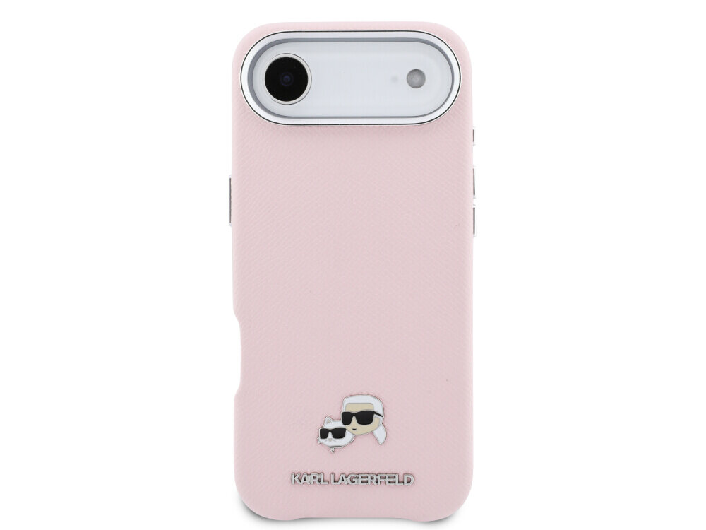 Etui KARL LAGERFELD Karl & Choupette Head Pins Saffiano MagSafe do Apple iPhone Air w kolorze różowym, karl lagerfeld saffiano etui metal pin choupette iphone premium detale, Tył etui na smartfona z wycięciem na aparat i małą, ozdobną aplikacją.